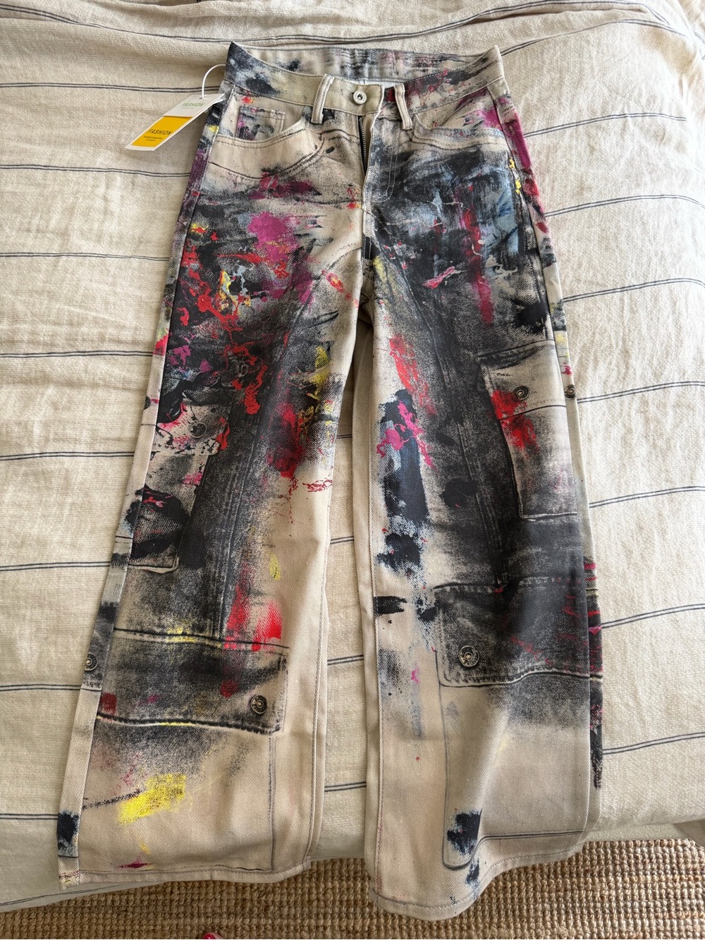 Paint-Splash Wide Leg Women’s Jeans - Beige with Black, Pink & Yellow Accents